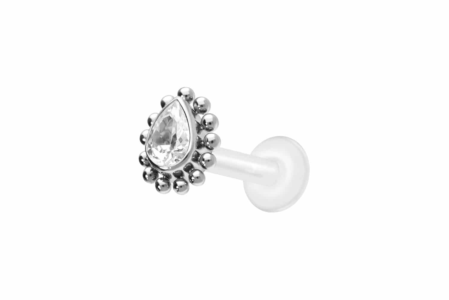 PTFE Labret Piercing mit Innengewinde + Titan-Aufsatz KRISTALLTROPFEN + KUGELN